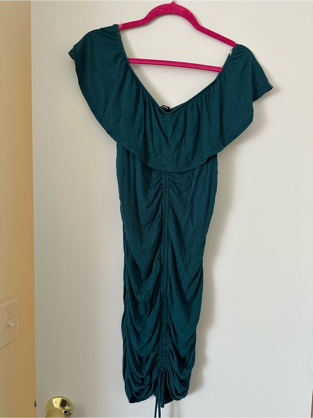 Fashion Nova Teal off the Shoulder Ruched Dress